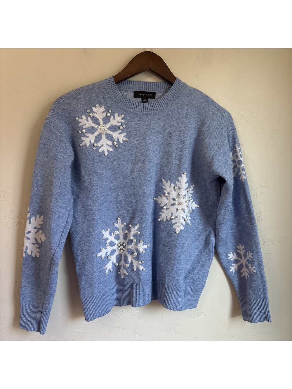 Calligraphie Beaded Pearl Snowflake Crewneck Knit Sweater Heather Light Blue S